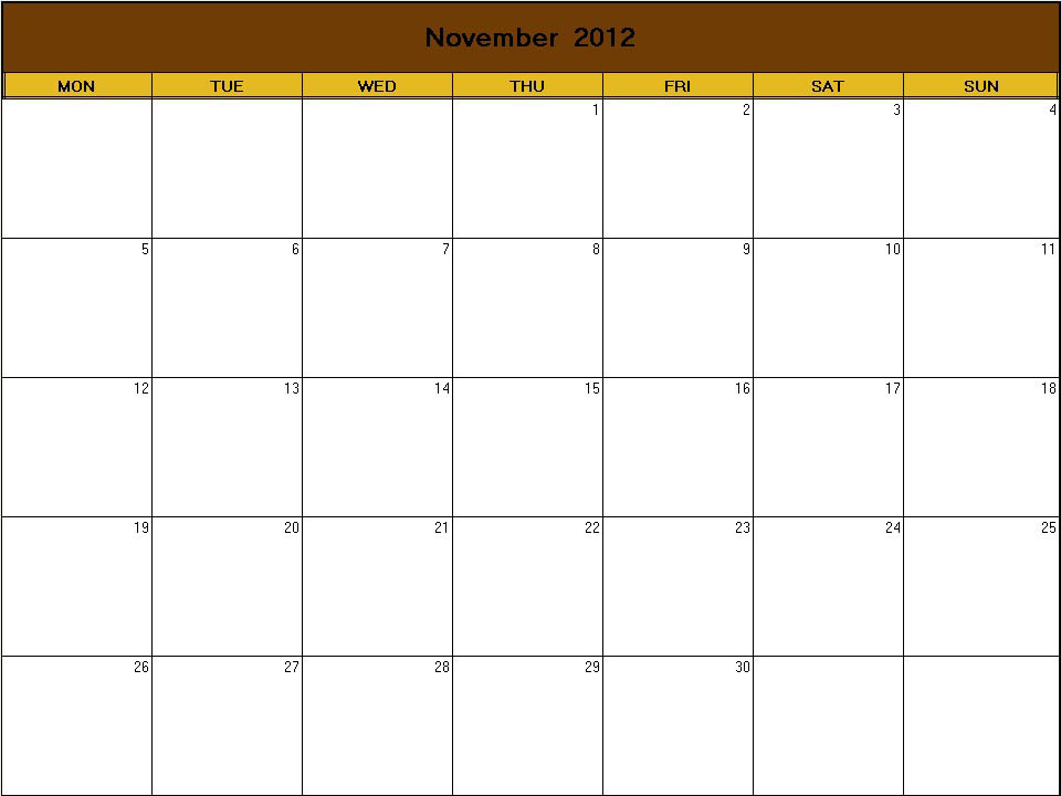 printable blank calendar image for Thanks 2012